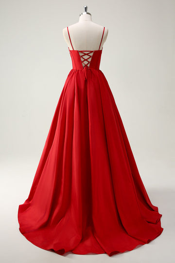 Rosso Ball-Gown Spaghetti Straps Lace Up Back Abito da cerimonia lungo con fessura